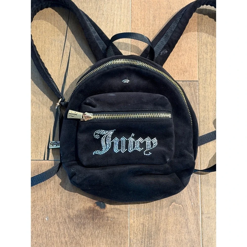 Juicy Couture Obsession Backpack Black Velvet Rhinestone Gold Hardware